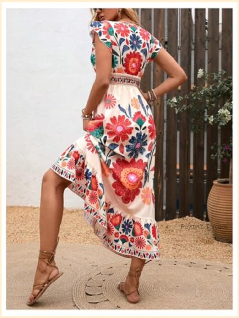Boho Floral Maxi Dress V Neck Ruffle Cap Sleeve Flowy Sundress Summer - Picture 2 of 5